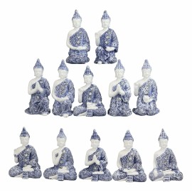 Blue White Miniature Meditating Buddha Amitabha Mudra Poses Figurine Set of 12