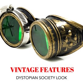 Steampunk Victorian Goggles Rave Glasses in Vintage Gold, Costume Accessory, Emerald Green Lenses, with Double Magnifying Eye loupes