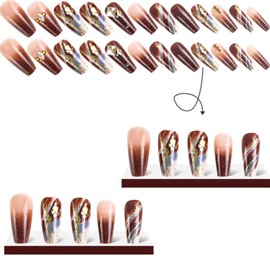 Press on Nails Medium Coffin Fake Nails with Golden Lines Rhinestones Designs Fall Nails Press ons Glossy Glue on Nails Brown Acrylic Nails Gradient False Nails Winter Stick on Nails for Women 24Pcs