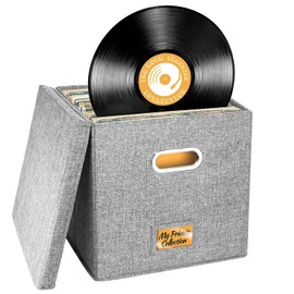Aolawco Vinyl Record Storage Box for 12 inch Records, Folding LP Storage Boxes Holds up to 100+ Single Records, Records Organizer for Albums, CDs, Passports, Magzine, Files - Grey