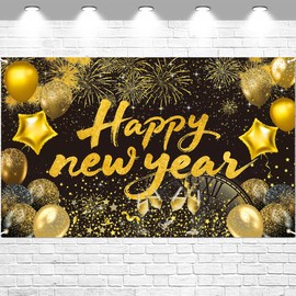 Happy New Year 2026 Decorations Banner Party Backdrop Large Polyester Sign Poster Black Background with Pattern for 2026 New Year Party Festival Home Decor Photo