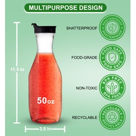 Party Bargains 50 oz. Plastic Carafe with Lids - Clear, 6 Count, Black Flip Tab Lid Premium Quality & Heavy Duty Plastic Pitcher for Iced Tea, Powdered Juice, Cold Beverages, Mimosa Bar