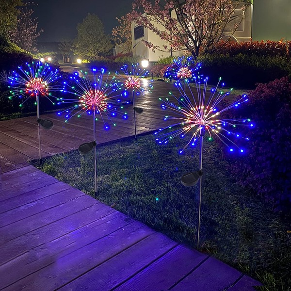 SUNJOYCO 120 LED Solar Firework Lights 2 Pack, Waterproof Starburst Light for Outdoor, Garden Decorative Copper Wire Sparkler Landscape Stake Light for Patio Lawn Party Decor, Sky Blue