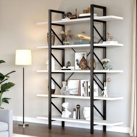 DWVO 5 Tier Tall Bookshelf, 12" D x 47" W x 71" H Large Industrial Book Shelf Vintage Bookcase for Living Room, Bedroom, Home Office, Free Standing Storage Shelving Unit, White