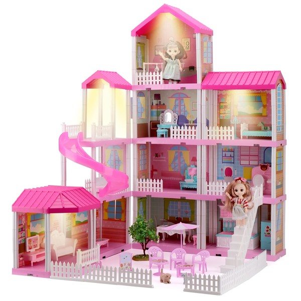 HCFJEH Dollhouse Play House for Girl, Doll House with Lights & Two Dolls & Furniture Accessories, Toddler DIY Princess House Playhouse Pretend Set Toy, Birthday Gift for 3 4 5 6 7 Year Old(11 Room)