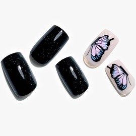 GLAMERMAID Press on Nails Short Square,Black Gel False Nails with Design,24 PCS Glue on Nails,Reusable Acrylic Stick on Nails Tips Manicure Set for Women,Butterfly Habitat/Square