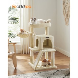 Feandrea Cat Tree, Small Cat Tower with Widened Perch for Large Cats Indoor, Kittens, 37.8-Inch Multi-Level Cat Condo, Scratching Posts and Ramp, 2-Door Cat Cave, Cat Basket, Beige UPCT51M