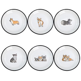 Bicuzat Cute Cartoon Animals Pattern Ceramic Sauce Dishes, Seasoning Dishes, Sushi Soy Dipping Bowls, Appetizer Plates, Dessert Plates, Little Cat Bird Feeding Bowls, Set of 6-Corgi-A-5 Inch