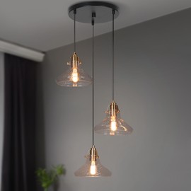 KSANA 3-Light Cluster Pendant Lighting, Modern Black Gold Chandelier with Seeded Glass Shade, Brass Adjustable Stairwell Lighting for Kitchen Island, Dining Room, Foyer and Staircase