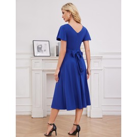 Gardenwed Womens Cocktail Dress Wrap V Neck Short Sleeve A Line Belt Wedding Guest Semi Formal Midi Dresses Royal Blue L