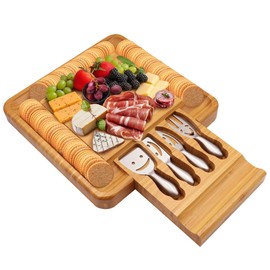 Sarolta Homewares Bamboo Cheese & Sushi Cutting Board and Platter with Brushed Stainless Steel Cutlery Set - Single Set