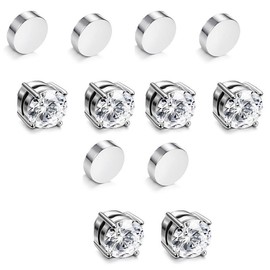 non-porous magnetic earrings, men's and women's shiny round cubic zirconium diamond earrings, no piercing ears, anti-allergic, stainless steel false earrings are not easy to fall off - Color: silvery 3（6mm）