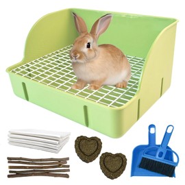 MUYG Rabbit Litter Box Toilet,Bunny Plastic Square Cage Toilet with Grate Rabbits Corner Litter Bedding Small Animal Pet Toilet Box Potty Trainer Pet Pan for Guinea Pig Ferret Chinchilla(Green)