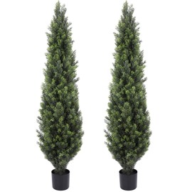 Woholeus Artificial Topiary Trees 5ft Faux Cypress Fake Cedar Tree Potted Plants for Front Porch Indoor Outdoor Garden Decor 2 Pack
