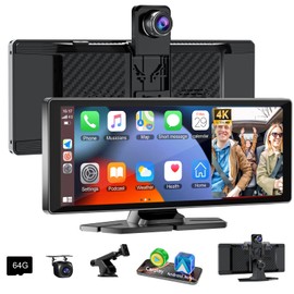 10.26'' Wireless CarPlay Screen for car with Rotatable 4K Dash Cam & HD Backup Camera – for Apple CarPlay & Android Auto, Touchscreen Radio, Dual Front/Inside Recording, GPS Navigator for Cars,Trucks