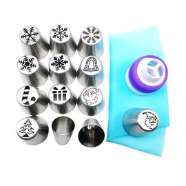 Russian Piping Tips Set for Icing Nozzles and Converter, Snowman Snowflake Santa Pattern Icing Nozzle Tool for Decorating Cakes, Cupcakes, Pastry, 15