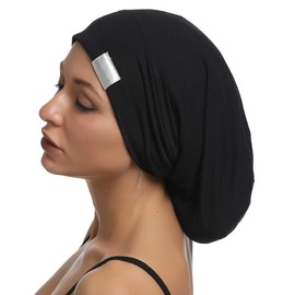 SAYMRE Satin Lined Bonnet Silky Hair Wrap Large Sleep Cap - Adjustable Beanie Slouchy Hats Bonnets for Women Curly Long Hair (X-Large, Pure Black)