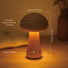 SAKSIAPRO Mushroom Lamp, Rechargeable Touch Control Mushroom Night Light, Portable Dimmable Wooden Lamp for Kids Room, Bedroom, 6.3" H