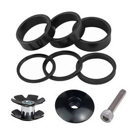 Saipor 9PCS Aluminium Alloy Bicycle Headset Spacer 1-1/8 inch Bicycle Front Fork Stem Spacers Kit 2mm, 3mm, 5mm, 10mm with Stem Top Cap, Long Bolt, Headset Star Nut for MTB BMX Road Bike (Black)