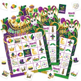 Blosssound Mardi Gras Bingo Game Set Bingo Cards for 24 Players Mardi Gras Party Game for Family Activities Carnival Holiday Cards for Party Favor