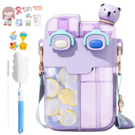 TourKing Teddy Bear Water Bottles with Adjustable Straw,3D Stickers and Strap,Portable Leakproof BPA-Free Water Bottle For Girls for School Sports Camping Hiking Travel（1000ml/34oz） (purple, 780ml)
