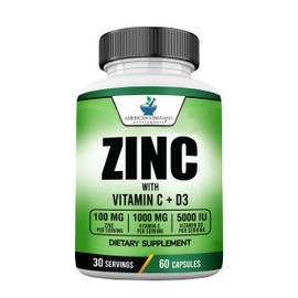 American Standard Supplements Zinc 100mg, Vitamin C 1000mg, and Vitamin D3 5000 IU (125mcg) Per Serving - Gluten Free, Non-GMO, 60 Capsules, 30 Servings