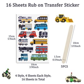 WANDIC Rub On Transfer Sticker, 16 Sheets Car Theme Transfer Decals Waterproof Vehicle Stickers Truck Helicopter Sticker for Party Favors Decor