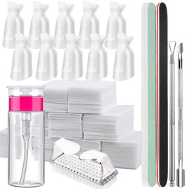 FANDAMEI Nagellackentferner Werkzeuge Set, Nagel Clips Kappen Transparent, 500 Stk. Wattepads für Gelnägel, Nagelhautschieber Edelstahl, 2 Stk. Nagelfeile, Nagelbürste, 100ML Leere Pump Spenderflasche