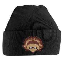Hedgehog Face Cute Animal Embroidered Beanie Hat Logo Men's - Black