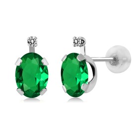 Gem Stone King 14K White Gold Green Nano Emerald and White Diamond Earrings For Women | 1.21 Cttw | Gemstone May Birthstone | Oval 7X5MM
