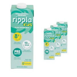 Ripple Ripple Plant Based Milk | 8g of Quality Sourced Pea Protein, Calcium Rich | Shelf Stable | Vegan & Non GMO Certified | Dairy, Soy, Nut, Gluten, & Lactose Free | 32 Fl Oz Cartons (32 Fl Oz (Pack of 3), Kids Unsweetened)
