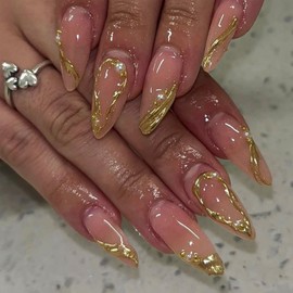 Press on Nails Almond Fake Nails French Tip False Nails Press ons with Designs Gold Stripes Line Glue on Nails Medium Artificial Acrylic Nail Full Cover for Women Girls Manicure Deco 24Pcs
