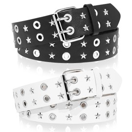 WQYILEAER 2 Pcs Black Studded Belt, Y2K Belt Star Goth EMO Punk Rock Double Grommet with Bright Pyramid Studded for Women Men (Star Grommet)