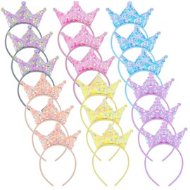 JJUNW 18 Pack Glitter Princess Crown Headband, Sequin Crown Birthday Headbands Shiny Tiaras for Girls Kids Teens Princess Party Decorations Party Favors (6 Colors)