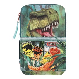 Depesche 11757 Dino World Danger-Filled 3-Compartment Pencil Case with Trex Motif, Dark Green Pencil Case with Colouring Pencils, Ruler, Scissors and Much More, Blue [Toy]