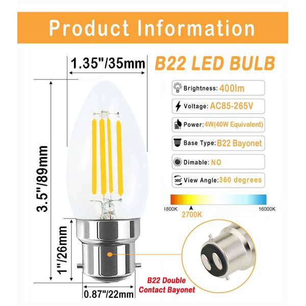 Lamsky 4W B22 Bayonet LED Filament Candle Light Bulb,2700K Warm White 400LM,C35 Shape Bullet Top,40W Incandescent Equivalent,Non-dimmable,4 Pack
