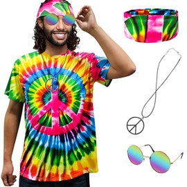 XonyiCos Hippie Costume for Men Women 60s and 70s colorful T-shirt sunglasses headband Peace necklace 4-piece theme party (Peace colorful 4-piece Set, X-Large)