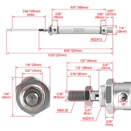 Heschen Pneumatic Slim Air Cylinder, MAL 20-100, PT1/8" Port, 20mm Bore, Dual Action (100mm Stroke)
