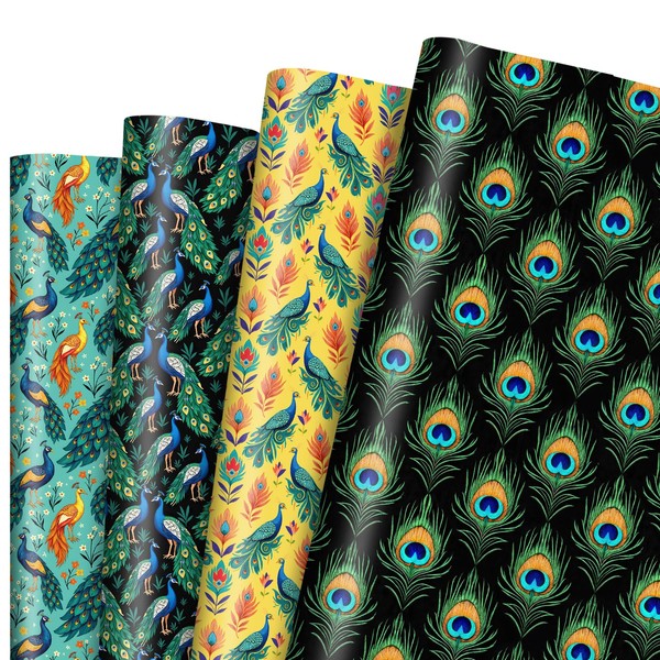 Pineraap Peacock Wrapping Paper 12 Sheets Peacock Feathers Themed Designs