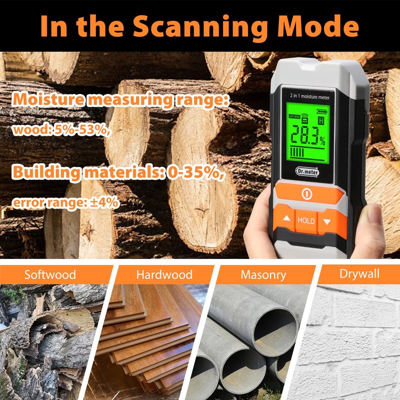 Dr.meter Wood Moisture Meter, 2 in 1 Pin & Pinless