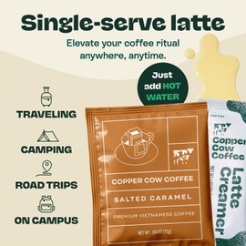 Copper Cow Vietnamese Coffee Variety Pack (15 Coffees & 15 Creamers)| Classic, Vanilla, & Salted Caramel Latte | Pour Over Single-Serve Lattes, No Refrigeration Needed, Travel Friendly Ground Coffee