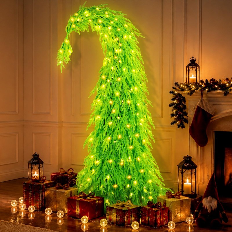 ENVEN Prelit Lime Green Whimsical Bendable Christmas Tree, 2-in-1 Dual