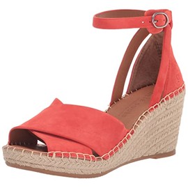 Gentle Souls by Kenneth Cole Women's Women's Charli X Band Buckle Heeled Sandal Espadrille Wedge, Bright Coral Suede, 8.5