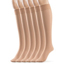 Silky Toes Sheer Knee High Stockings for Women, 6 Pairs Nylon Trouser Socks, Suntan, One Size