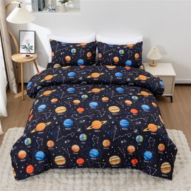 Meeting Story 3Pieces Universe Space Themed Comforter Set Planet Astronaut Rocket Galaxy Printed Pattern Quilt Bedding Set for Kids Girls Boys Children Room Decor (Dark Black, Twin)