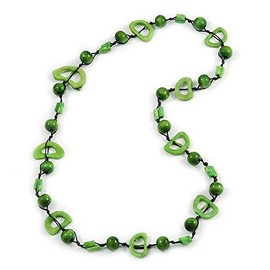 Lime Green Round and Oval Wooden Bead Cotton Cord Necklace/ 84cm Long