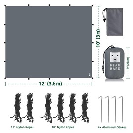 Bearhard Rain Fly Camping Tarp 10x12ft /10x10ft Hammock Fly Include 6 Ropes and 4 Stakes Lightweight Waterproof Tent Tarp Perfect for Camping, Hiking, Picnic