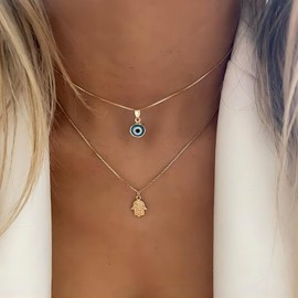 Cimenexe Bohemian Layered Evil Eye Choker Necklace Gold Hamsa Hand Necklace Devil Eye Pendant Necklace Round Sleek Chain Necklace Fatima Hand Necklace Chain Jewelry for Women