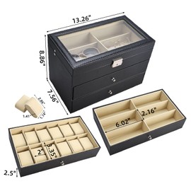 NovelBee 3 Layers 12 Slots Watch Boxes and 12 Pieces Eyeglasses Sunglasses Storage,Black Leather Watch Jewelry Eyeglasses Sunglass Display Case Organizer for Women and Men