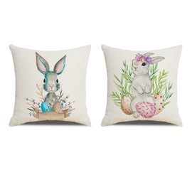Meagtlva Rabbit Easter Pillow Covers 18x18 Set of 2 Easter Throw Pillow Covers for Home Decor with Patterned Eggs Bunny, Linen Pillow Case for Sofa Couch Bed (02F)